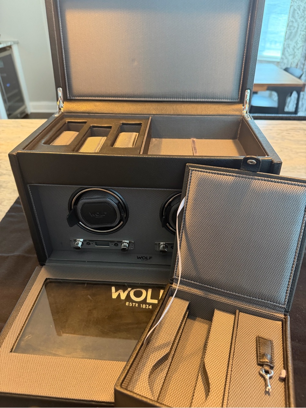 WOLF Black Leather Double Watch Winder with Silver Hardware